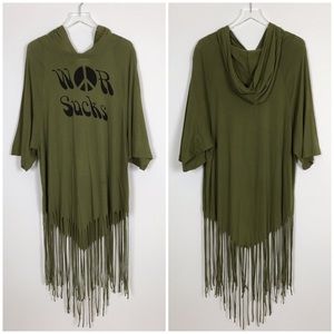 Wildfox War Sucks Boho Fringe Hoodie Tunic Top